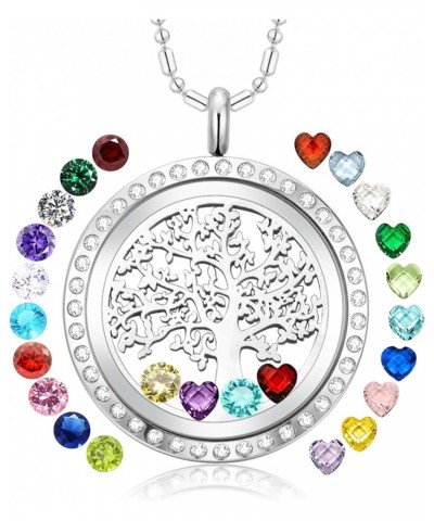 Family Tree of Life Floating Charm Locket Necklace for Women with Birthstones Living Memory Pendant DIY Stainless Steel Jewel...