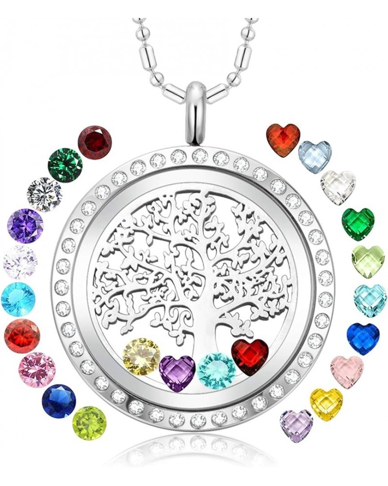 Family Tree of Life Floating Charm Locket Necklace for Women with Birthstones Living Memory Pendant DIY Stainless Steel Jewel...