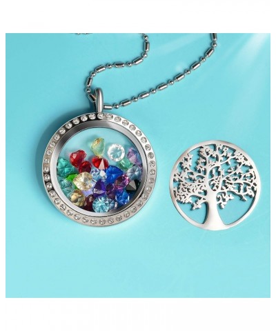 Family Tree of Life Floating Charm Locket Necklace for Women with Birthstones Living Memory Pendant DIY Stainless Steel Jewel...