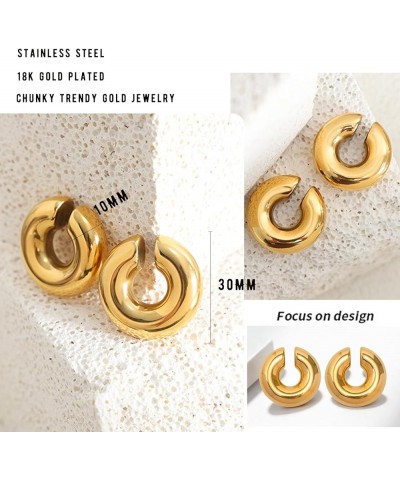 Chunky Gold Hoop Earrings and Ear Cuffs for Women Non Piercing Hollow Lightweight Stainless Steel Thick Open Hoops Earrings w...