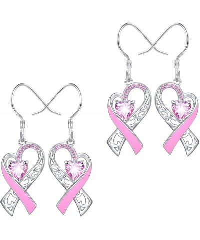 Breast Cancer Awareness Earrings For Women, Pink Ribbon Heart Dangle Drop Earrings Breast Cancer Survivor Gift Support For Gi...