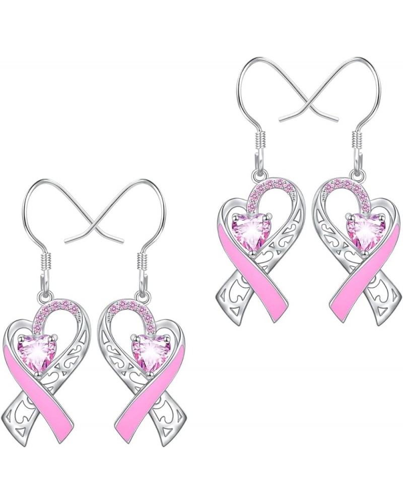 Breast Cancer Awareness Earrings For Women, Pink Ribbon Heart Dangle Drop Earrings Breast Cancer Survivor Gift Support For Gi...