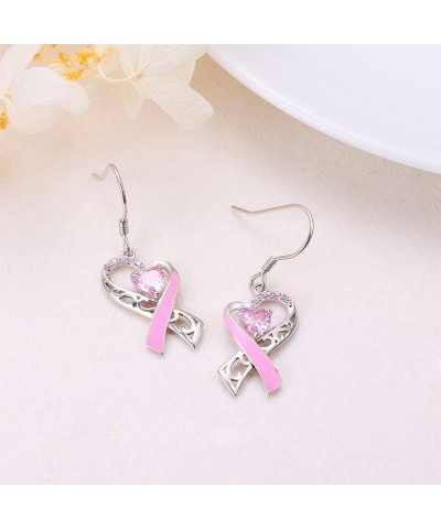 Breast Cancer Awareness Earrings For Women, Pink Ribbon Heart Dangle Drop Earrings Breast Cancer Survivor Gift Support For Gi...