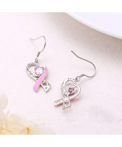 Breast Cancer Awareness Earrings For Women, Pink Ribbon Heart Dangle Drop Earrings Breast Cancer Survivor Gift Support For Gi...