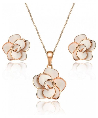 Rose Flower Necklace Earrings Set for Women 18K Gold Plated Hypoallergenic Jewelry Sets White $13.99 Jewelry Sets