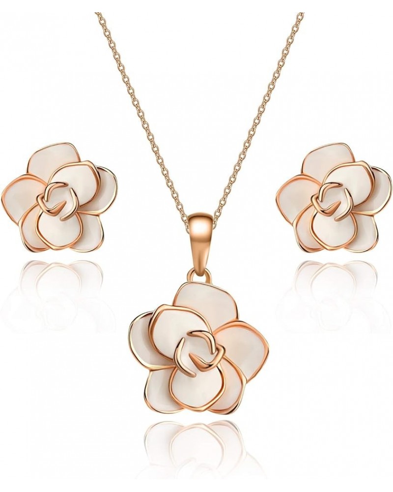 Rose Flower Necklace Earrings Set for Women 18K Gold Plated Hypoallergenic Jewelry Sets White $13.99 Jewelry Sets