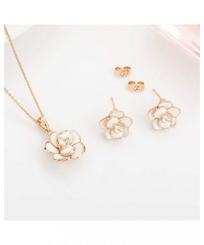 Rose Flower Necklace Earrings Set for Women 18K Gold Plated Hypoallergenic Jewelry Sets White $13.99 Jewelry Sets