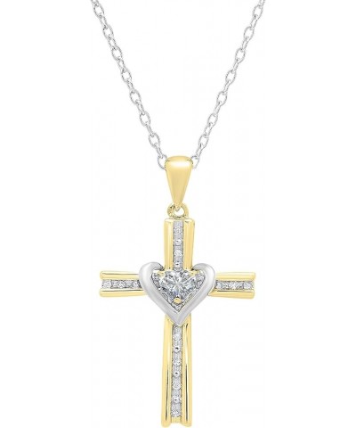 4mm Heart Lab Created Gemstone & Round Natural Diamond Heart Cross Pendant with 18 inch Silver Chain for Her in Two Tone Gold...