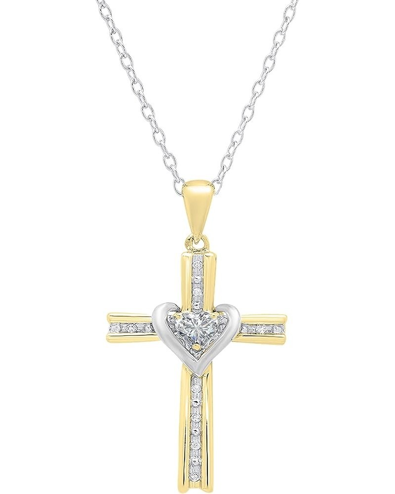 4mm Heart Lab Created Gemstone & Round Natural Diamond Heart Cross Pendant with 18 inch Silver Chain for Her in Two Tone Gold...