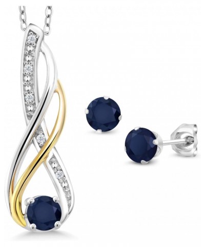 925 Sterling Silver and 10K Yellow Gold Blue Sapphire and White Diamond Pendant and Earrings Jewelry Set For Women (1.12 Cttw...