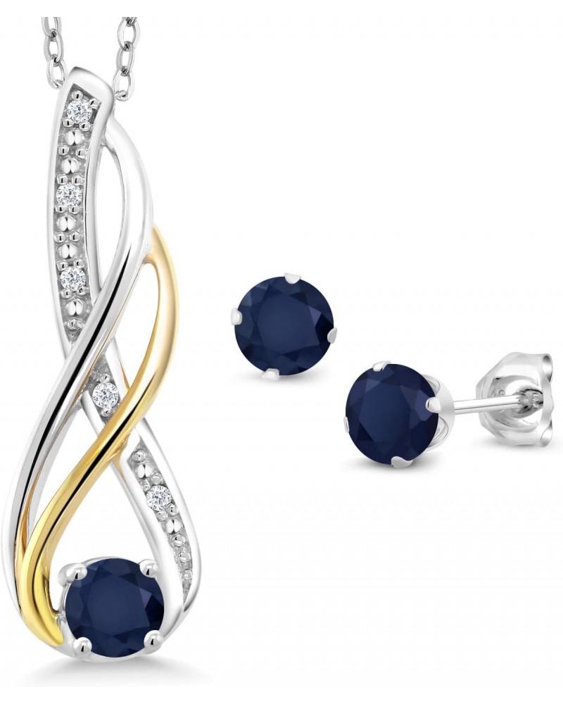 925 Sterling Silver and 10K Yellow Gold Blue Sapphire and White Diamond Pendant and Earrings Jewelry Set For Women (1.12 Cttw...