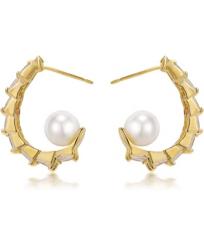 Chunky Gold Hoop Earrings - 14K Gold Plated Lightweight Cubic Zirconia Hoop Earrings with Pearl for Women and Girl Gold $12.9...