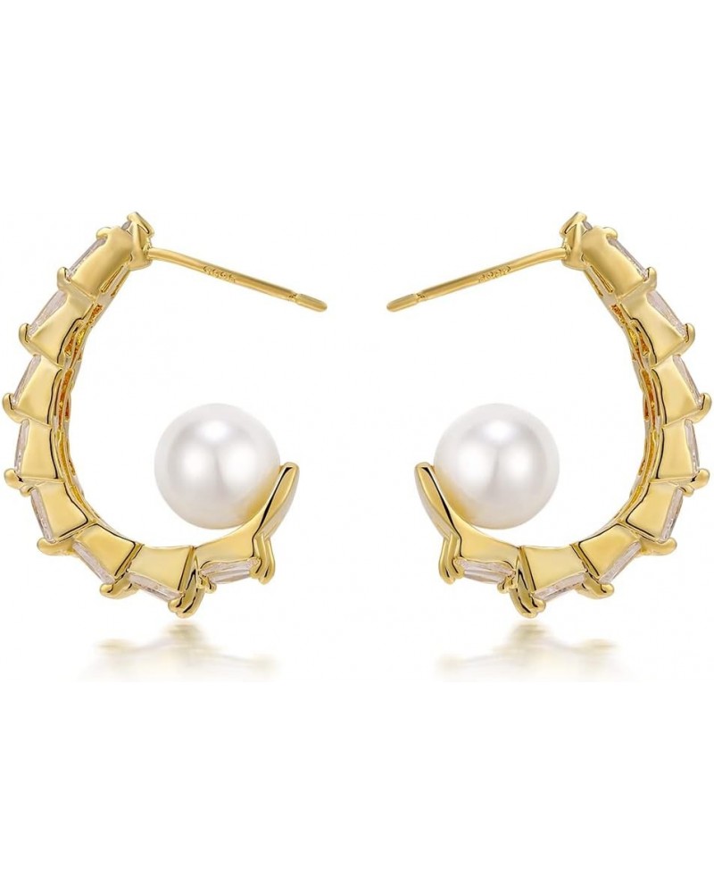 Chunky Gold Hoop Earrings - 14K Gold Plated Lightweight Cubic Zirconia Hoop Earrings with Pearl for Women and Girl Gold $12.9...