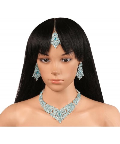 Bollywood Glamour Wedding Evening Wear Jewelry Necklace for Women D622 Turquoise & Silver $11.00 Necklaces