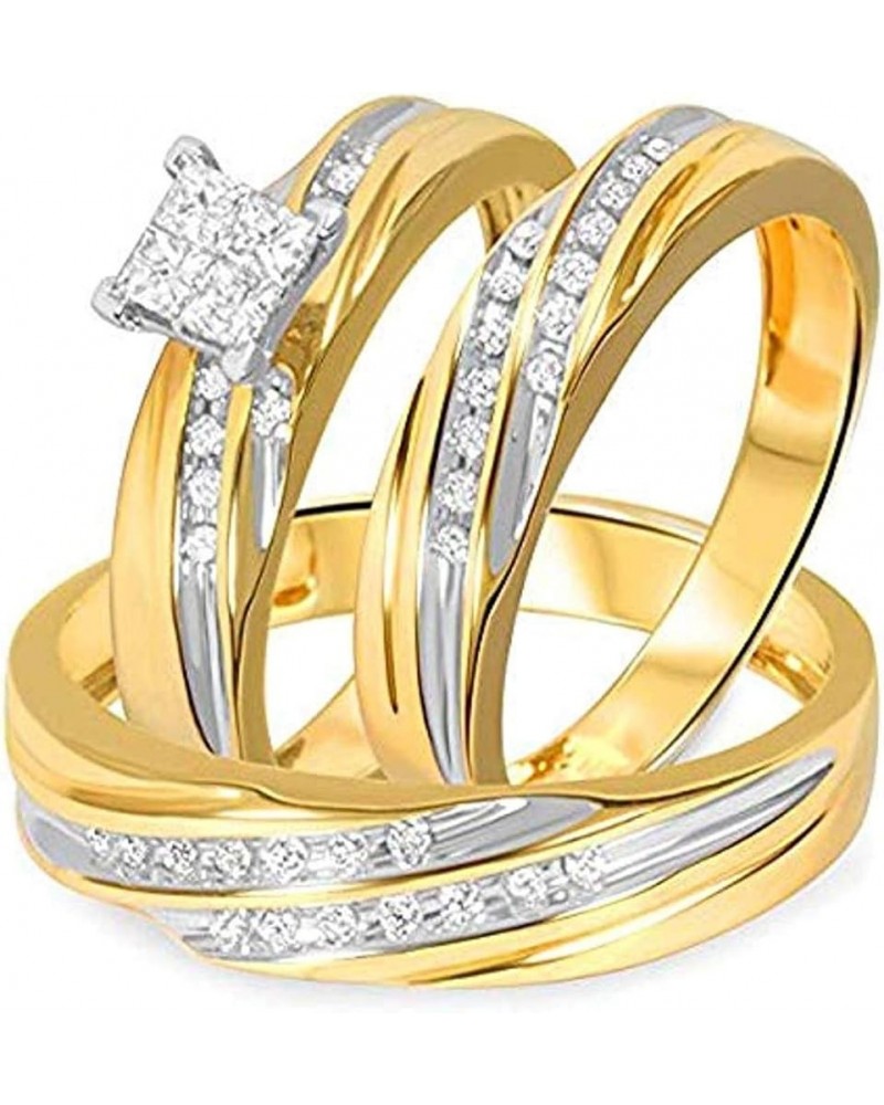 Princess D/VVS1 Diamond 14K Two-Tone Gold Plated 925 Sterling Silver Bridal Wedding Trio Ring Set for Him & Her Women Size 8 ...