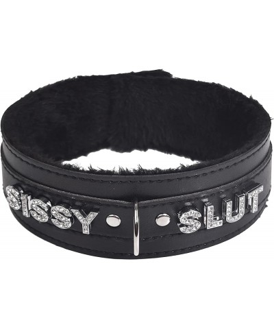 Women Pink Leather Choker Necklace, Punk Gothic Black Fluffy Name Letters Collar Leash Neck Jewelry Black Fluff SISSY $10.82 ...