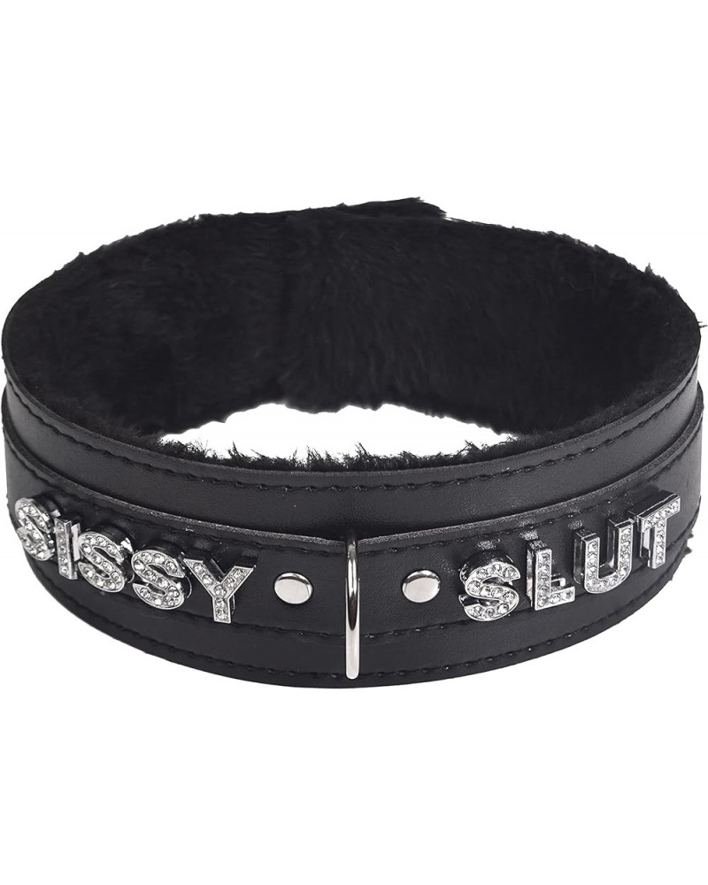 Women Pink Leather Choker Necklace, Punk Gothic Black Fluffy Name Letters Collar Leash Neck Jewelry Black Fluff SISSY $10.82 ...