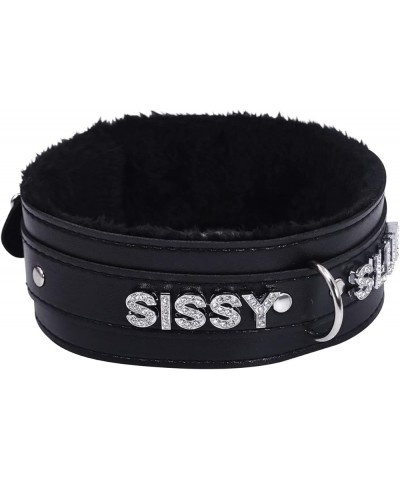 Women Pink Leather Choker Necklace, Punk Gothic Black Fluffy Name Letters Collar Leash Neck Jewelry Black Fluff SISSY $10.82 ...