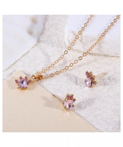 Jewelry Set for Women Cat Paw Necklace Earrings Bracelet Ring for Teen Girls Cat Paw Earrings Cat Paw Pendant Necklace Pink R...