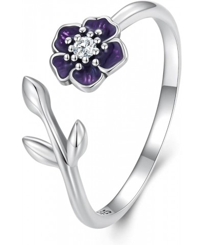 Adjustable Flowers Sterling Silver Open Rings Purple Enamel Stackable Rings Cubic Zirconia Ring Promise Ring For Women Jewelr...