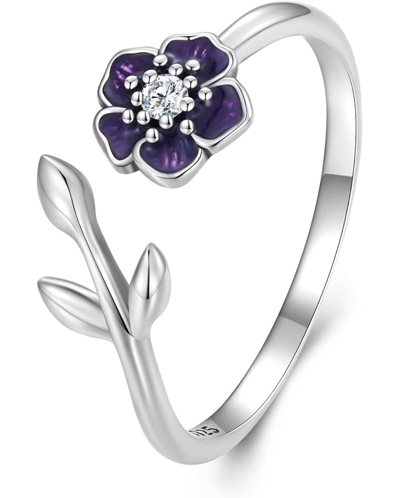 Adjustable Flowers Sterling Silver Open Rings Purple Enamel Stackable Rings Cubic Zirconia Ring Promise Ring For Women Jewelr...