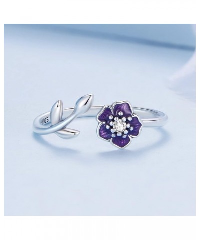 Adjustable Flowers Sterling Silver Open Rings Purple Enamel Stackable Rings Cubic Zirconia Ring Promise Ring For Women Jewelr...