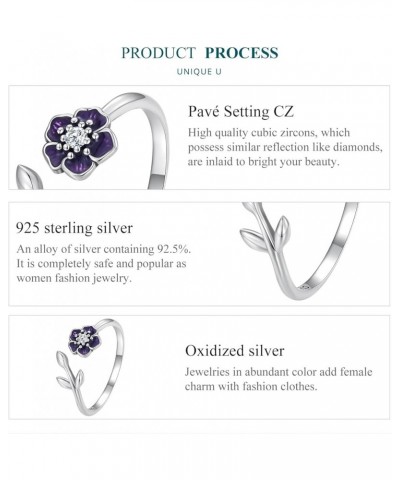 Adjustable Flowers Sterling Silver Open Rings Purple Enamel Stackable Rings Cubic Zirconia Ring Promise Ring For Women Jewelr...