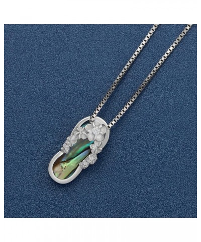 925 Sterling Silver Hawaiian Flip Flop Slipper Sandal Necklace Pendant with 18" Box Chain, Genuine Koa Wood Blue Opal Abalone...