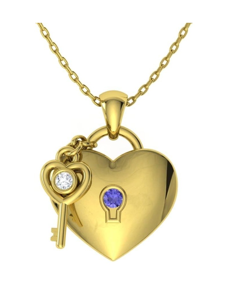 Natural and Certified Gemstone and Diamond Love Lock and Key Heart Necklace in 14k White Gold |0.02 Carat Pendant with Chain ...