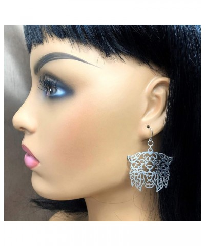 Laser Cut Wildcat Face Open Thin Filigree Swirl Large Dangle Drop Earrings Silver $11.54 Earrings