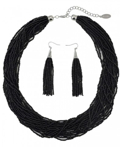 Multi Layer Beaded Statement Necklace Set Mix Strand Necklace and earrings for Women Gift Black $14.03 Necklaces