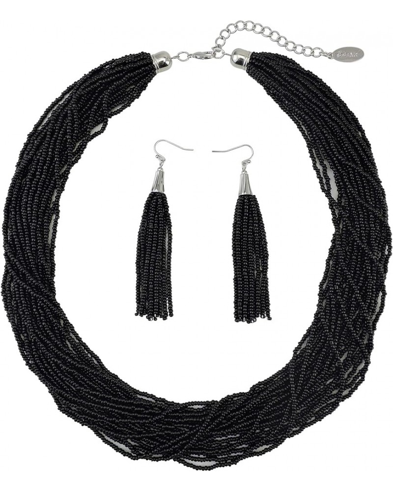 Multi Layer Beaded Statement Necklace Set Mix Strand Necklace and earrings for Women Gift Black $14.03 Necklaces