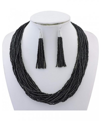 Multi Layer Beaded Statement Necklace Set Mix Strand Necklace and earrings for Women Gift Black $14.03 Necklaces