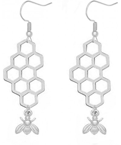 Natural Gold Silver Honeycomb Bee Dangle Earrings silver-2 $7.90 Earrings