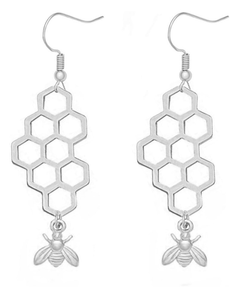 Natural Gold Silver Honeycomb Bee Dangle Earrings silver-2 $7.90 Earrings