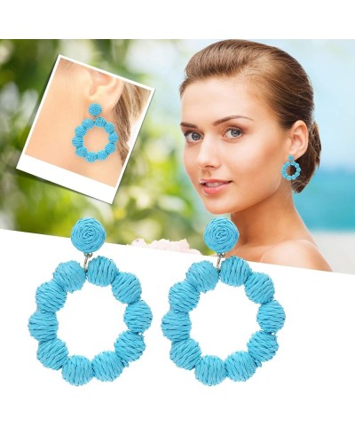 Hoop Earrings Small Ball Ring Pendant Earrings Women's Handmade Earrings Braided Rattan Raffia Rainbow Dangle Sky Blue $8.68 ...