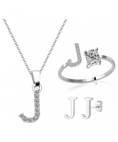 3 Pack Cubic Zirconia J Pendant Necklace Letter Rings Silver Alphabet Stainless Steel Ear Studs for Teens (J) $7.50 Necklaces