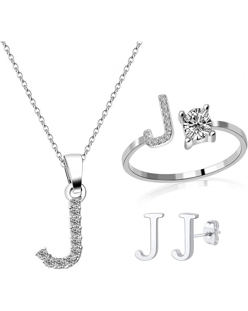 3 Pack Cubic Zirconia J Pendant Necklace Letter Rings Silver Alphabet Stainless Steel Ear Studs for Teens (J) $7.50 Necklaces