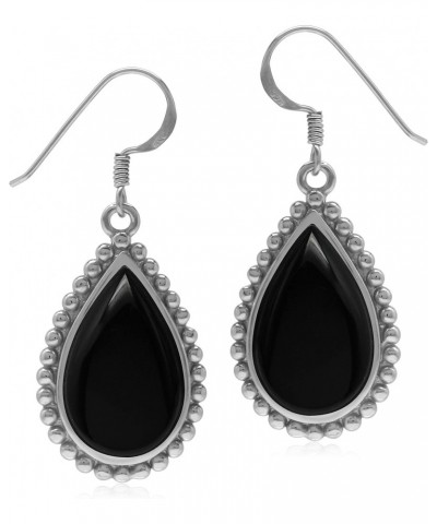 Natural Drop Shape Black Onyx 925 Sterling Silver Dangle Hook Balinese Style Bead Patern Earrings $15.75 Earrings