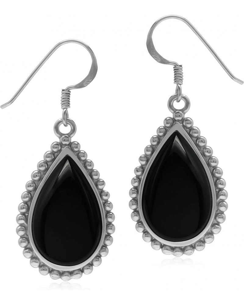 Natural Drop Shape Black Onyx 925 Sterling Silver Dangle Hook Balinese Style Bead Patern Earrings $15.75 Earrings