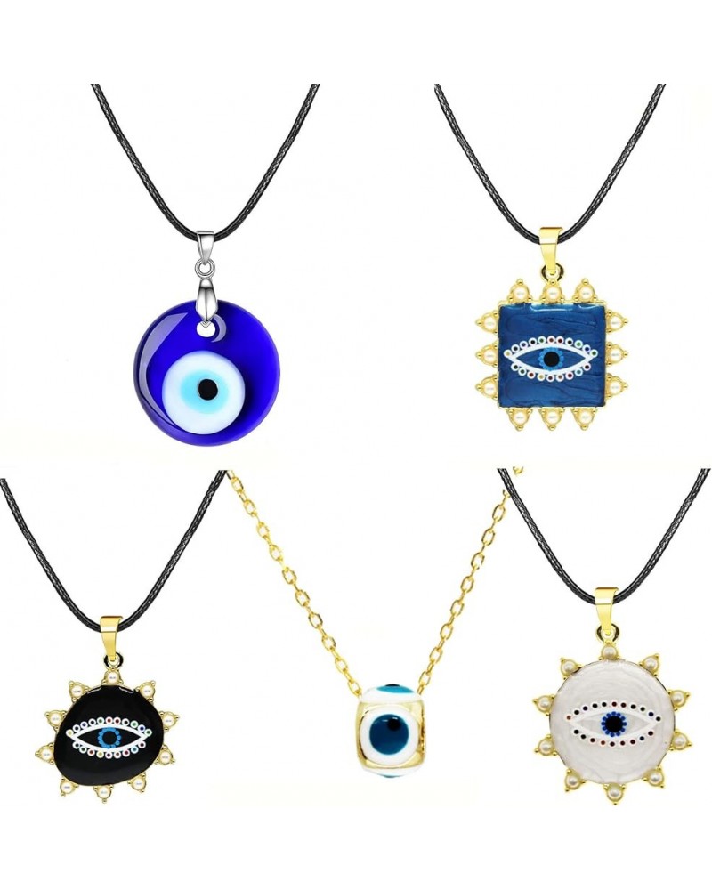 5PCS Evil Eye Necklace Hamsa Pendant Necklace Set Glass Leather Rope Evil Eye Lucky Protection Necklace For Women Girls Jewel...