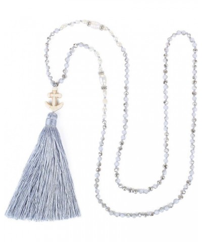 Women Pearls Necklace Crystal Handmade Long Chain Necklaces Handmade Tassel Pendant Necklaces Grey 07E $10.15 Necklaces