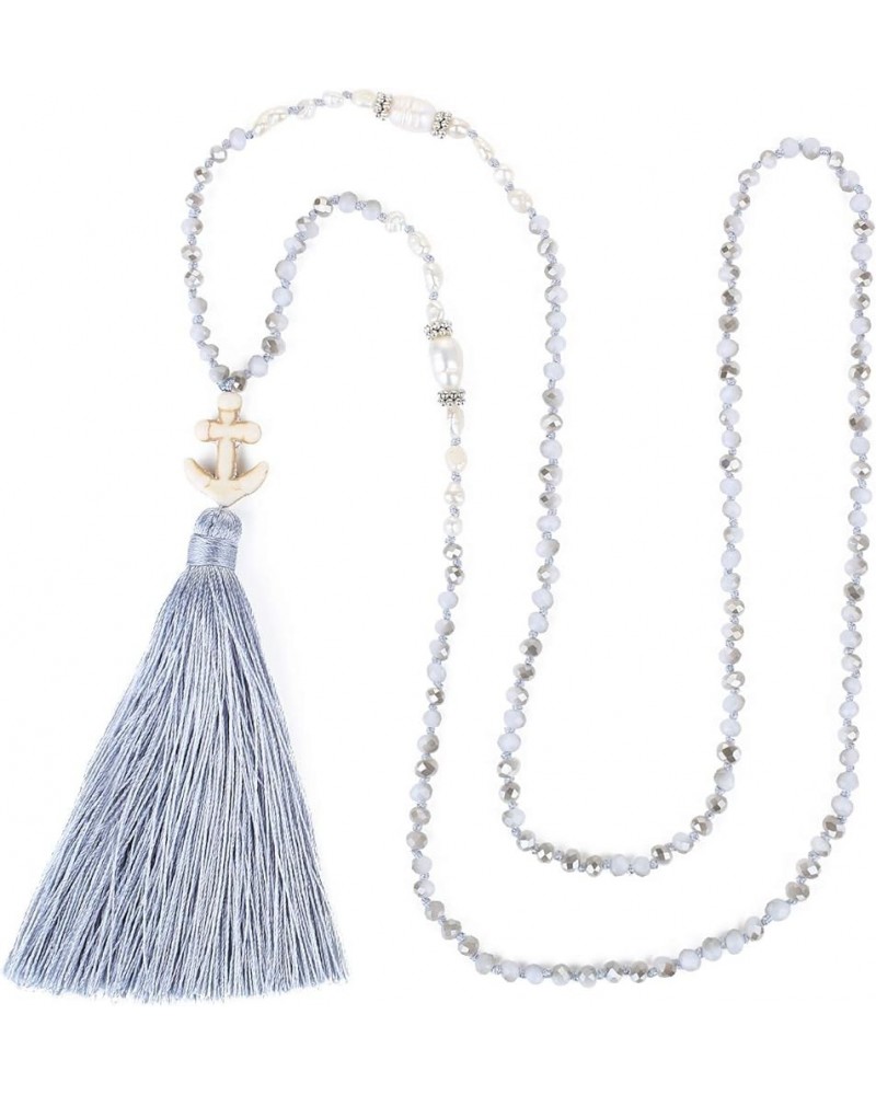 Women Pearls Necklace Crystal Handmade Long Chain Necklaces Handmade Tassel Pendant Necklaces Grey 07E $10.15 Necklaces