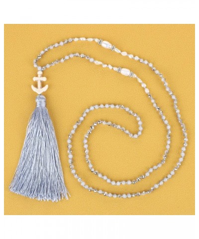 Women Pearls Necklace Crystal Handmade Long Chain Necklaces Handmade Tassel Pendant Necklaces Grey 07E $10.15 Necklaces