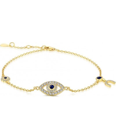 Women's 14K Gold Evil Eye Bracelet with Natural Sapphire Gemstone,Delicate Adjustable Chain Moissanite Bracelet Featuring Rou...