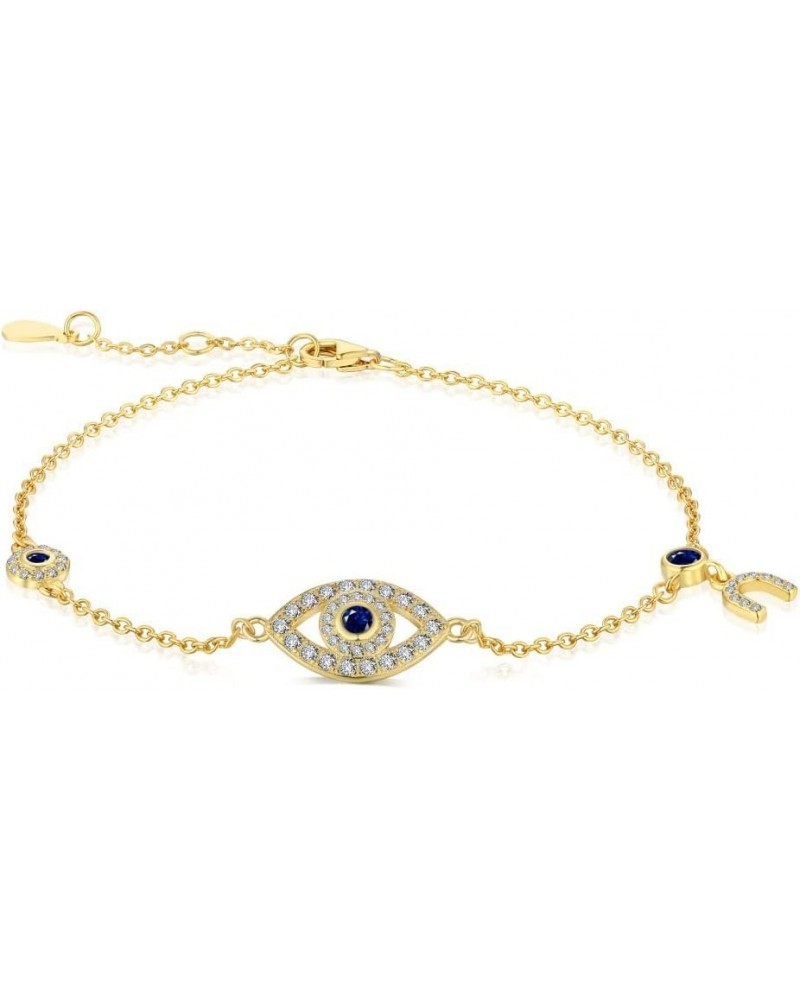 Women's 14K Gold Evil Eye Bracelet with Natural Sapphire Gemstone,Delicate Adjustable Chain Moissanite Bracelet Featuring Rou...