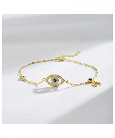 Women's 14K Gold Evil Eye Bracelet with Natural Sapphire Gemstone,Delicate Adjustable Chain Moissanite Bracelet Featuring Rou...