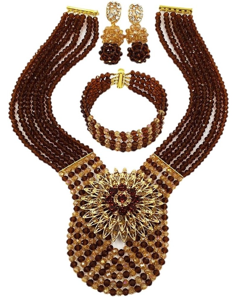 Women's Fashion Beaded Crystal Nigerian Bridal Wedding Party Necklace African Beads Jewelry Set Brown and Champagne Gold $17....