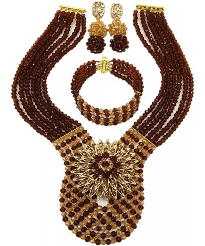 Women's Fashion Beaded Crystal Nigerian Bridal Wedding Party Necklace African Beads Jewelry Set Brown and Champagne Gold $17....