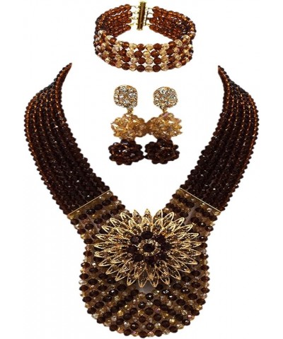 Women's Fashion Beaded Crystal Nigerian Bridal Wedding Party Necklace African Beads Jewelry Set Brown and Champagne Gold $17....